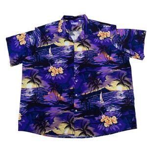 Hawaiian Vacation Shirt Men 4XL Purple Tropical Sunset Palm Tree Aloha Button Up